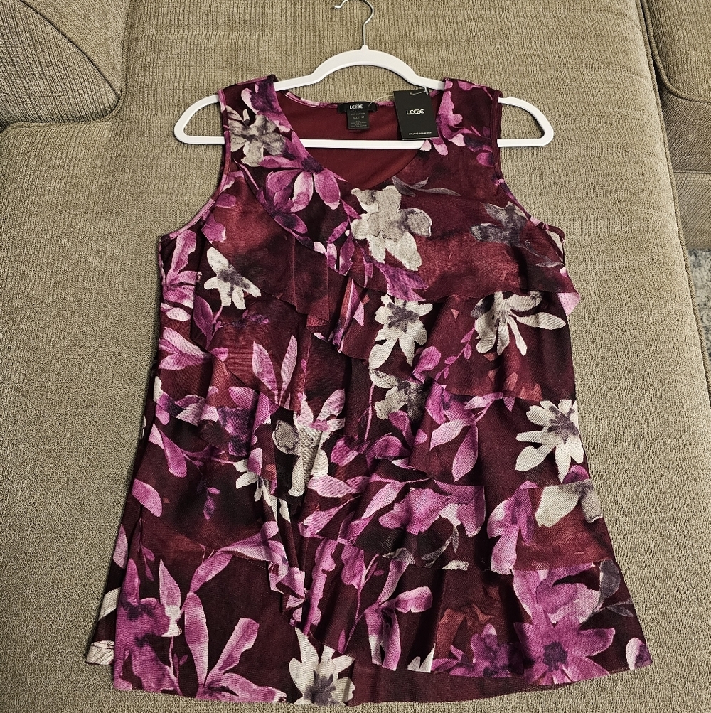 Leebe Dark Pink Purple Floral Casual Office Career Sleeveless Blouse Size Medium